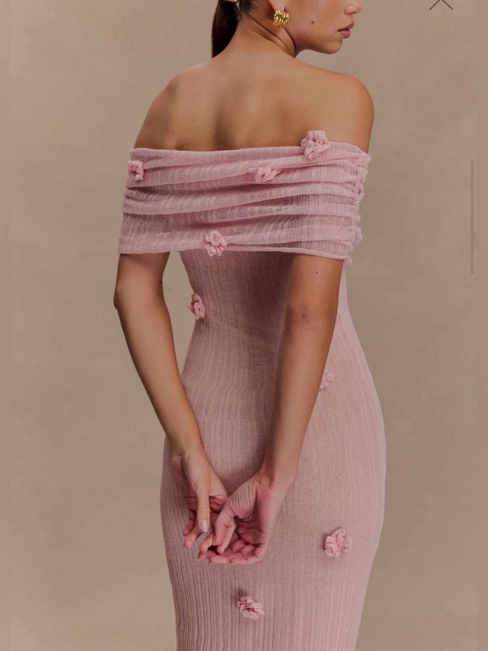 Meshki Blush Pink Off-Shoulder Maxi Dress with Floral Rosettes - Picture 4 of 5